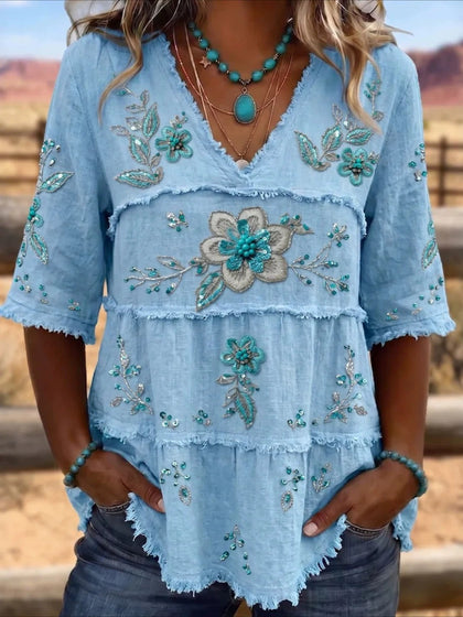 V Neck Floral Print Tiered Blouse with Frayed Trim