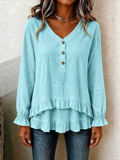 V-Neck Button Detail Long Sleeve Ruffle Hem Blouse