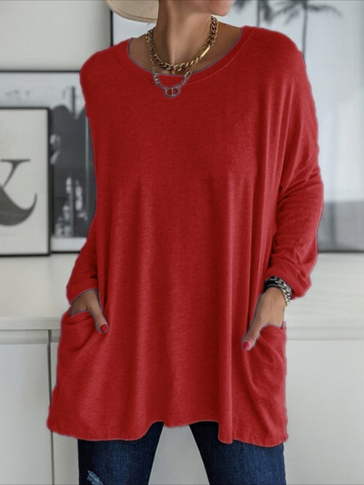 Solid Color Pocket Long Sleeve Crew Neck Top