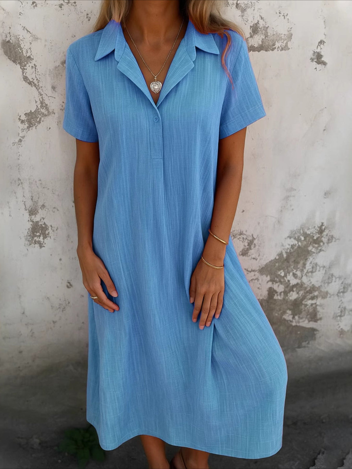 Women Plain Shirt Collar Short Sleeve Comfy Casual Maxi Dress