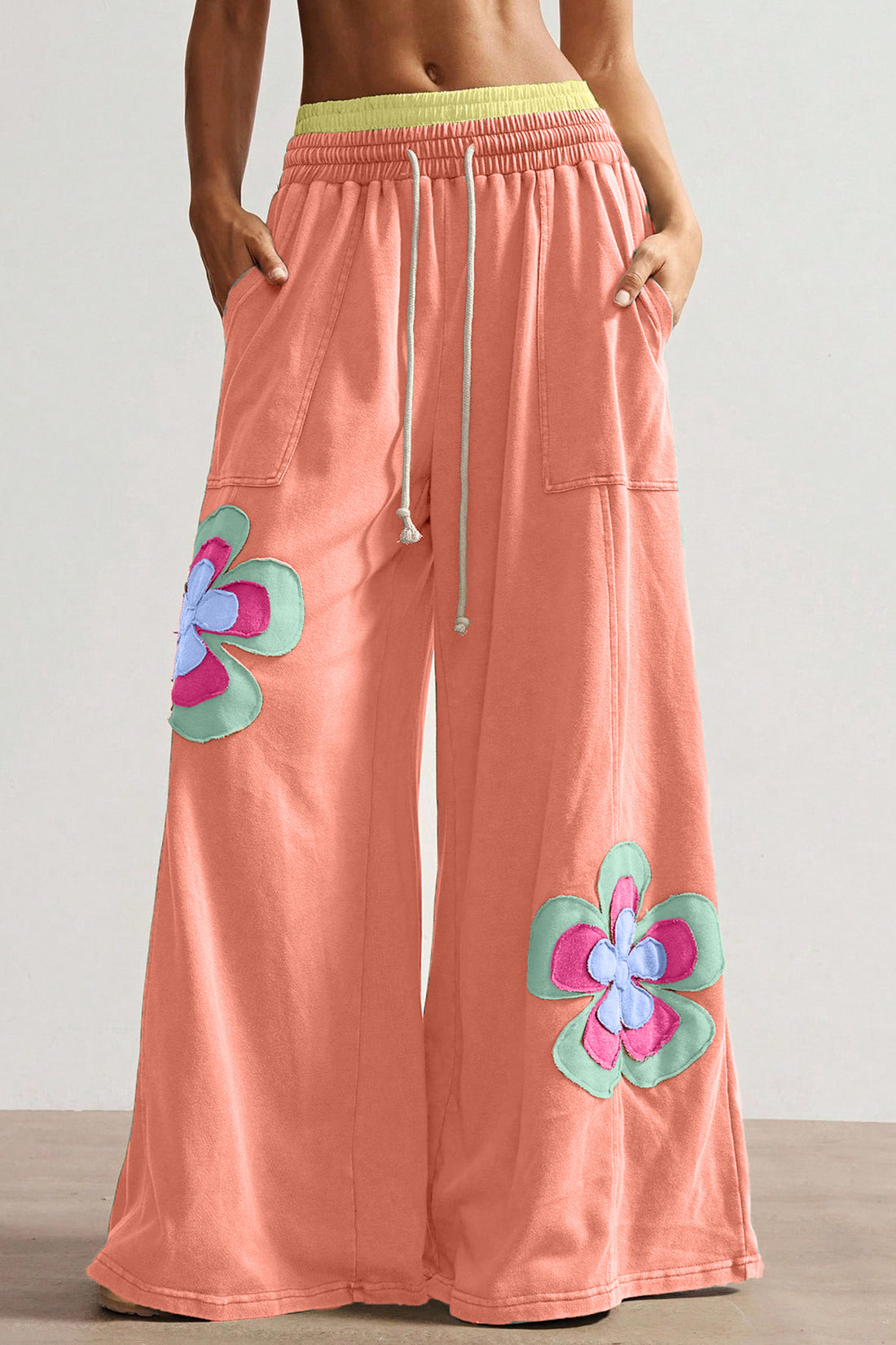 Grapefruit Orange Color Block Flower Patchwork Drawstring Contrasted Elastic Waist Wide Leg Pants