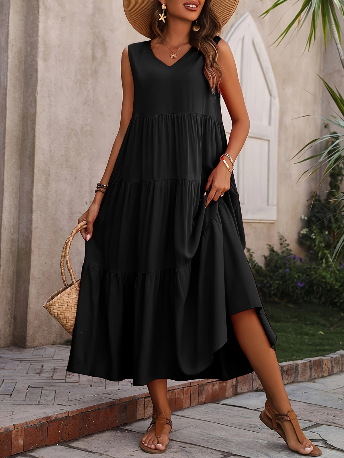 Loose V Neck Ruffle Hem Dress, Casual Sleeveless Dress