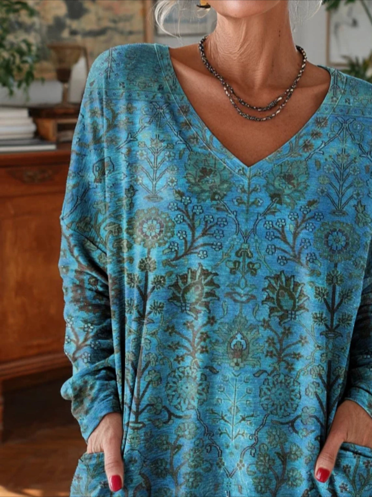 Long Sleeve Spring/Fall Floral Printing V Neck Daily Going Out Vintage Top