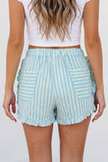 Sky Blue Stripe Elastic Waist Ruffle Trim Casual Shorts