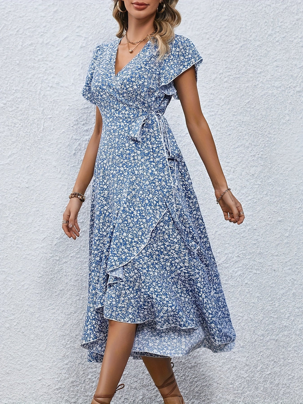 Women's Floral Print Surplice Dress with Flutter Sleeves and Ruffle Hem