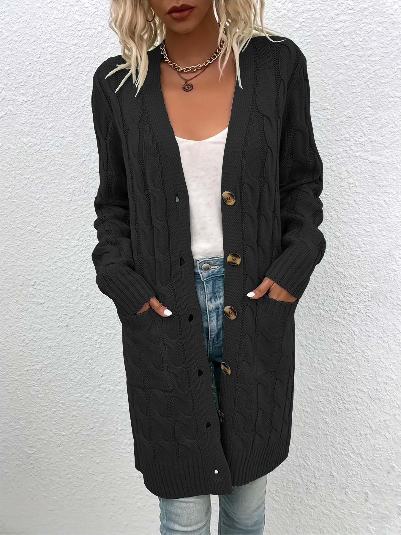 Elegant Long Nylon Soft Warm V-Neck Long Sleeves Sweater with Button Front