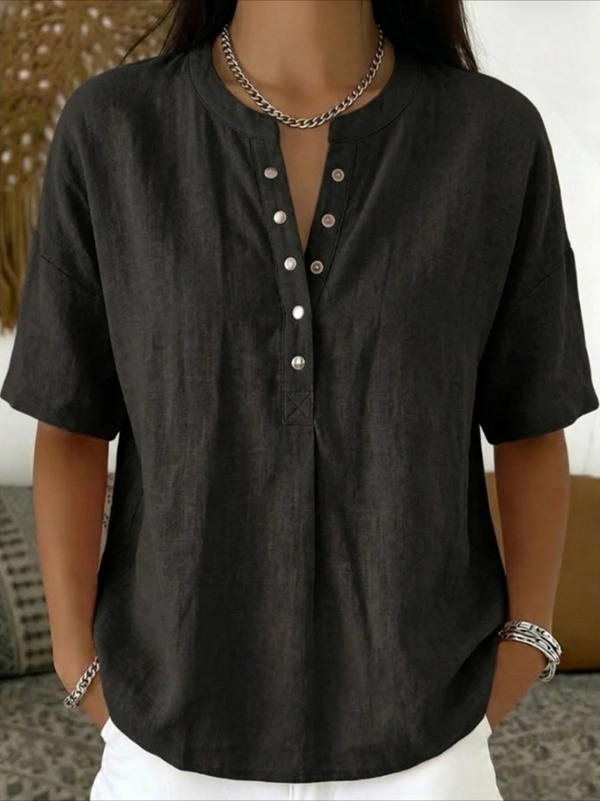 Cotton And Linen Round Neck Short Sleeve Button H-Line Daily Going Out Casual Loose Blouse