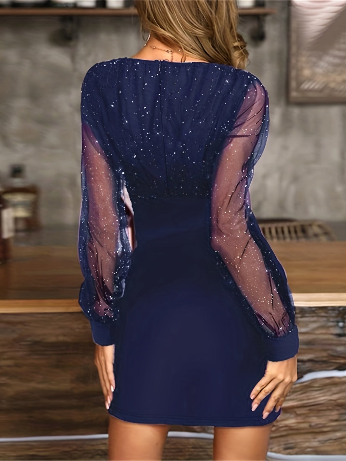 Solid Sequin Stitching Lace Long Sleeve Dress, Elegant Mesh Slim Sexy Party Dress