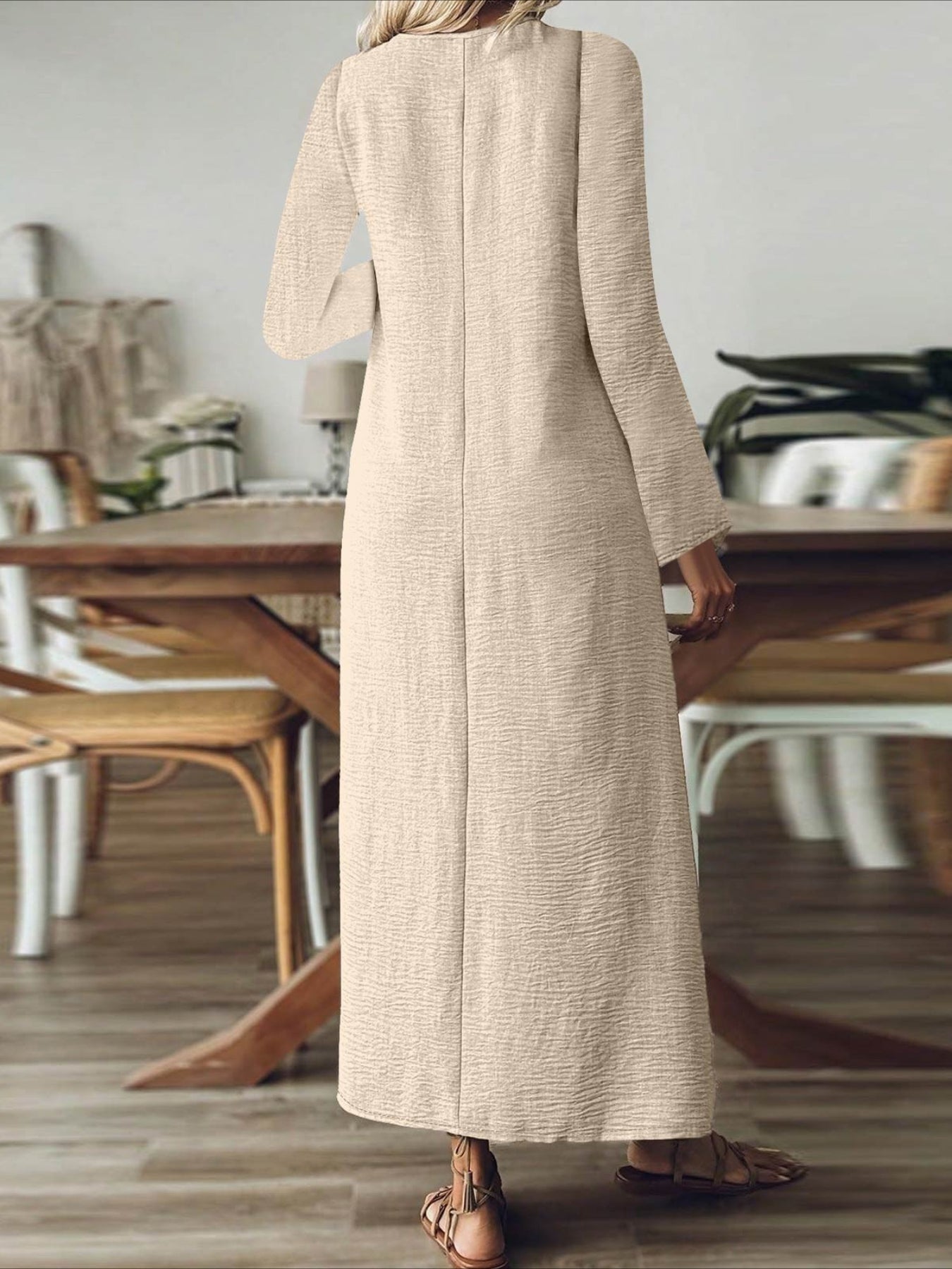 Back Zipper Solid Color Long Sleeve Cotton and Linen Dress