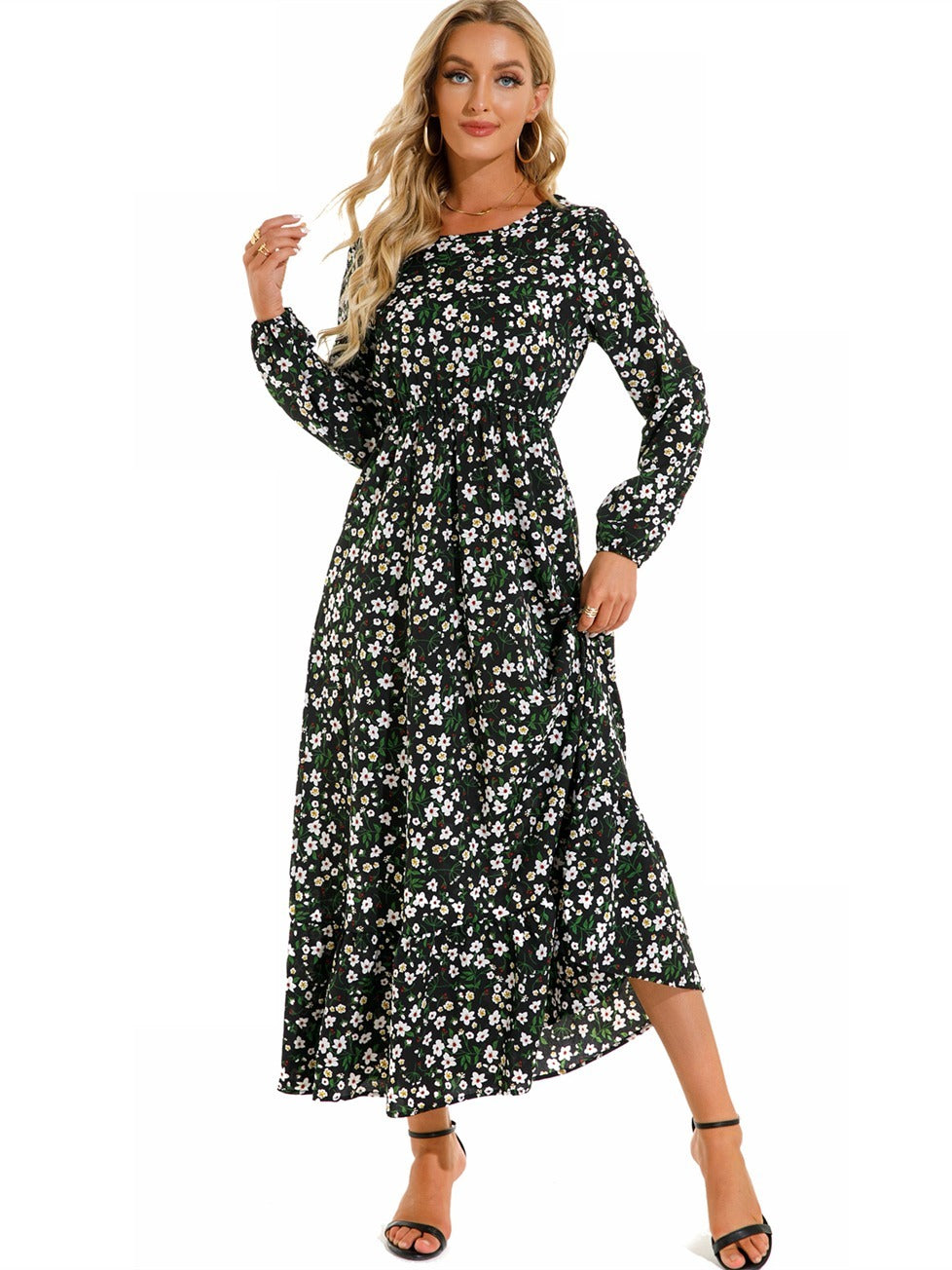 Bohemian Flowy Ruffle Long Dress, Casual Floral Print Long Sleeve Crew Neck Waist Long Dresses