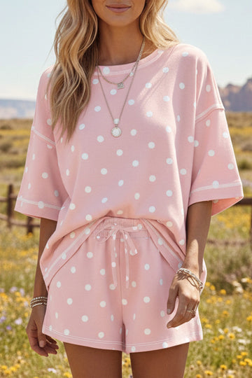 Pink Polka Dot Short Sleeve Loose Top Drawstring Shorts Set