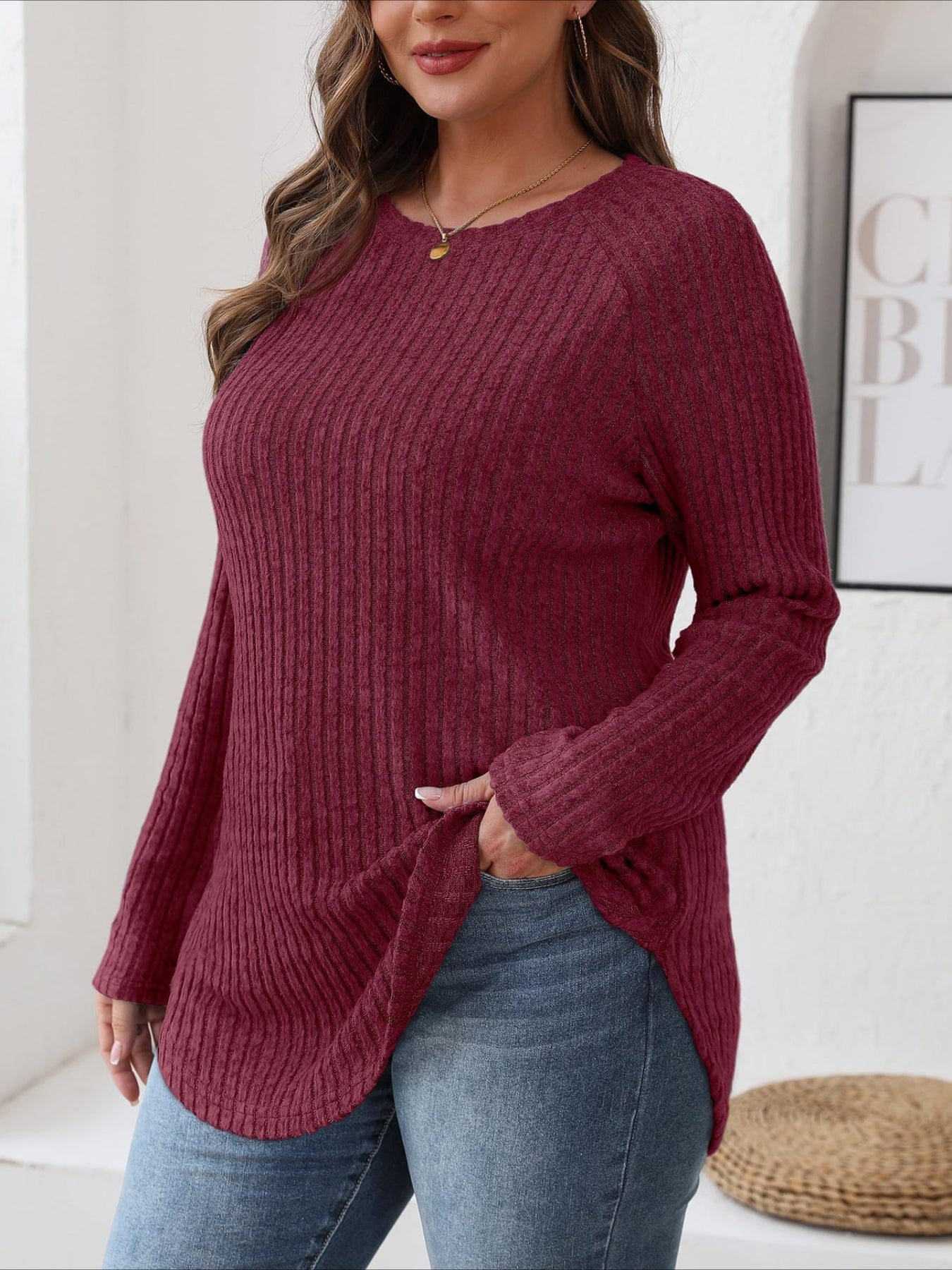 Soft Round Neck Pullover Long Sleeve Sweater