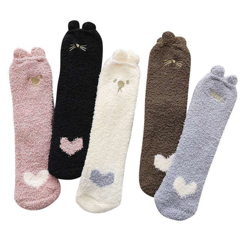 Warm & Fuzzy Cartoon Animal Socks, Crew Length Warm Coral Fleece Socks