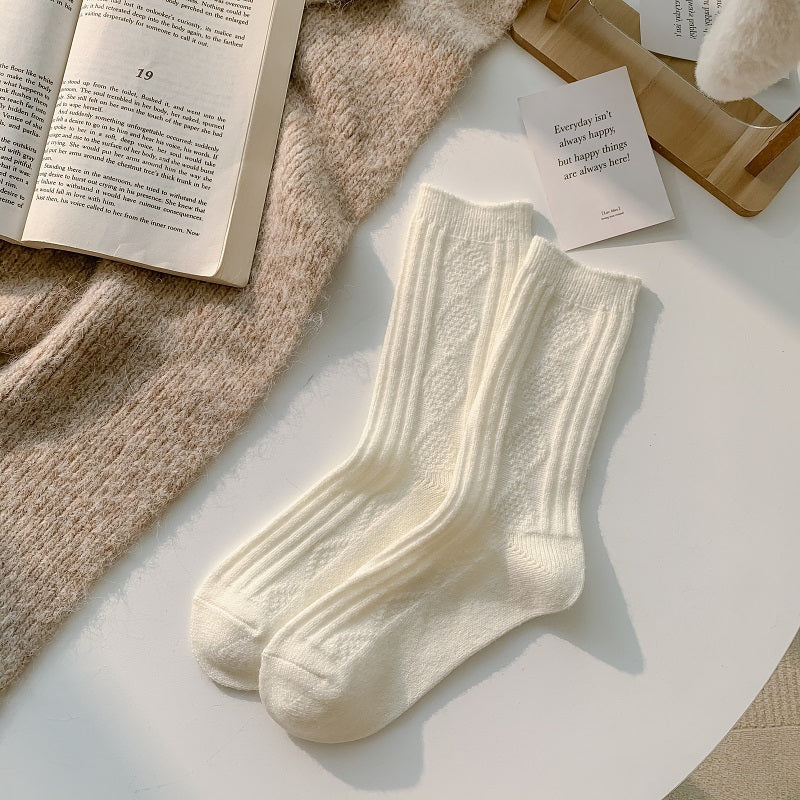 2/6 Pairs Thick & Warm Cream Color Socks, Retro Art Pattern Mid Tube Socks