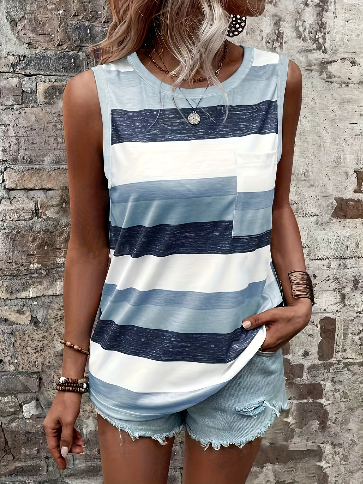 Striped Print Crew Neck Tank Top, Casual Sleeveless Patched Pocket Tank Top