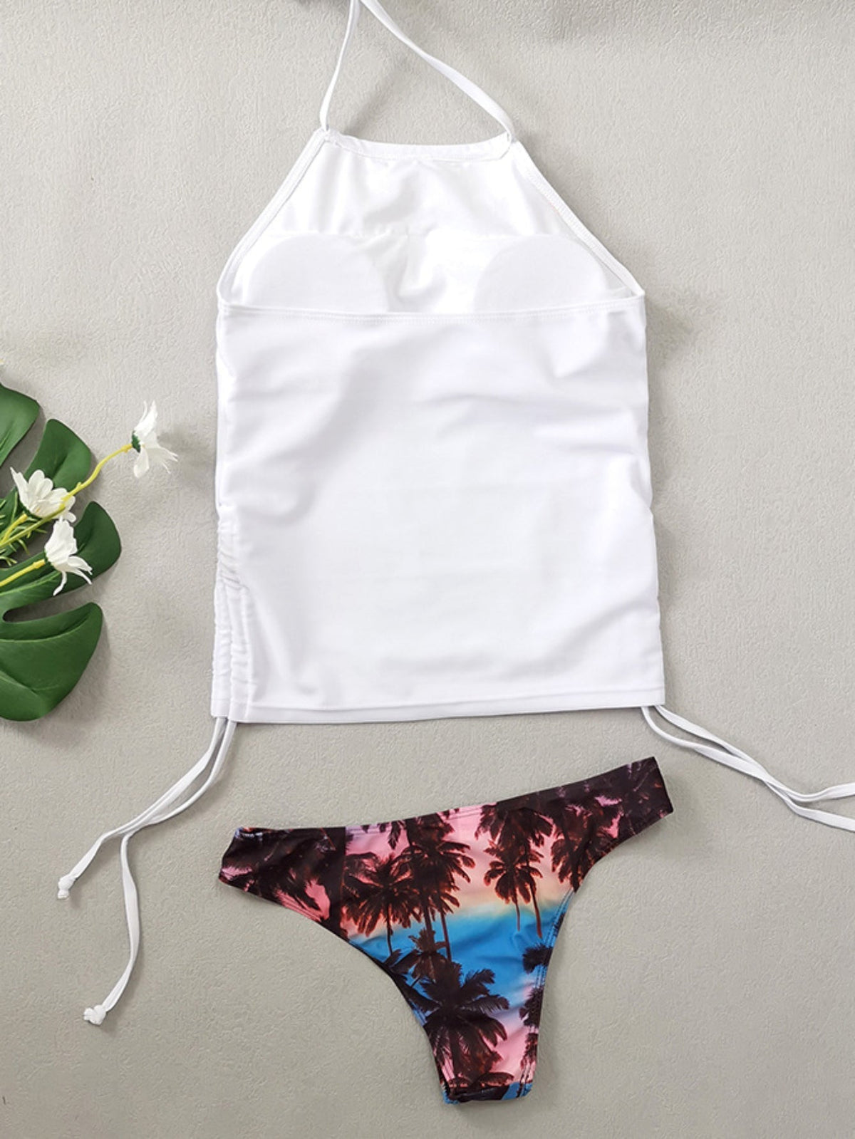 Coconut Tree Sunset Pattern Drawstring 2 Piece Set Swimsuit, Halter Tie Neck Backless Stretchy Low Waist Bathing Suit