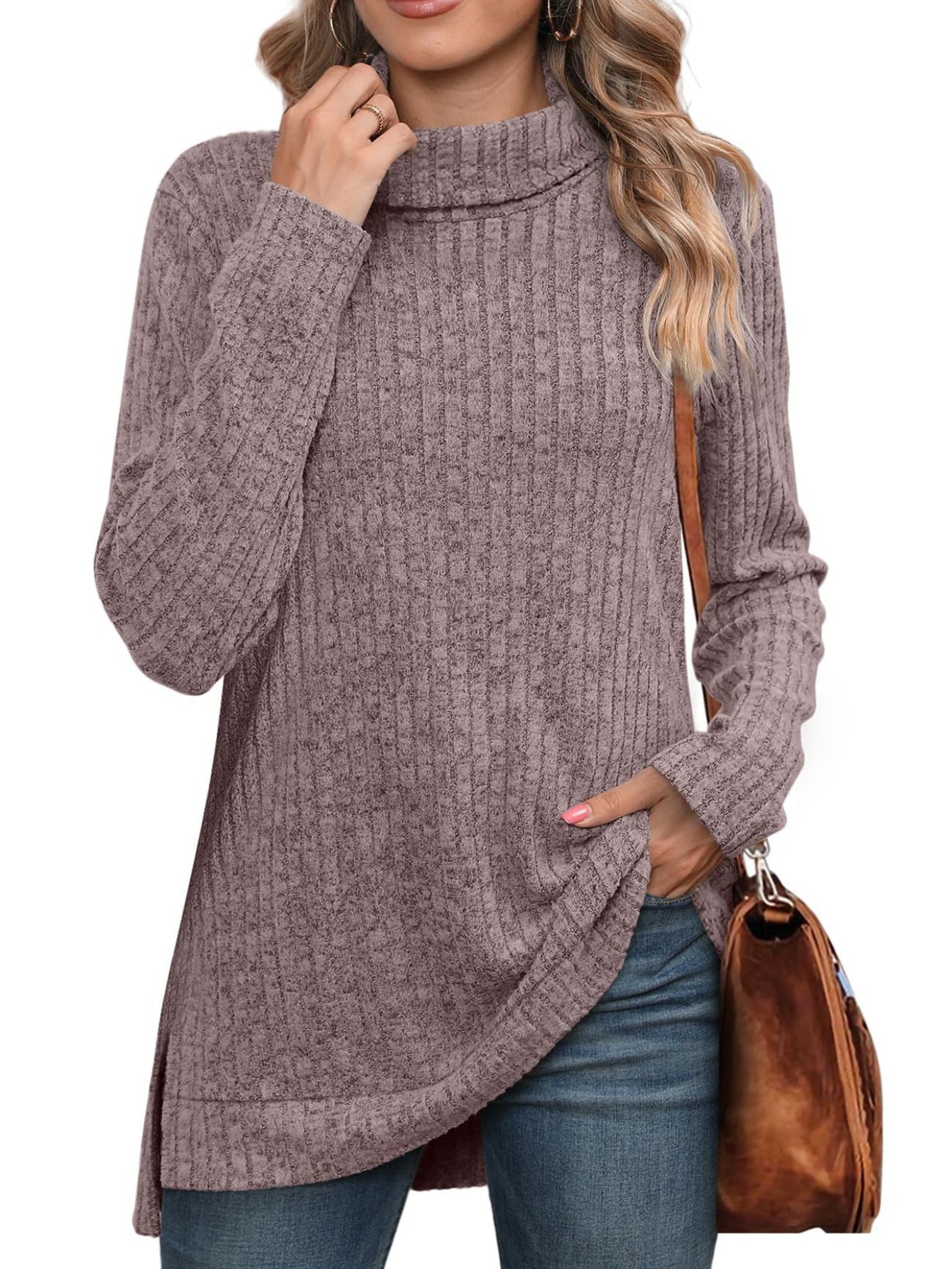Ribbed Crew Neck Side Split T-Shirt, Casual Long Sleeve Top