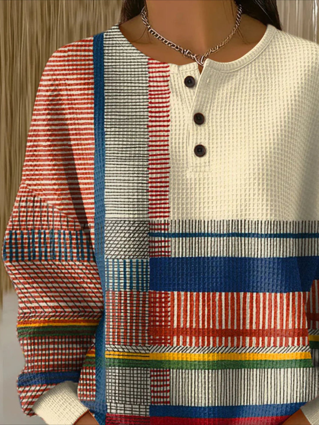 Colorful Ribbed V Neck Braided Print Long Sleeve Regular Sweatshirt