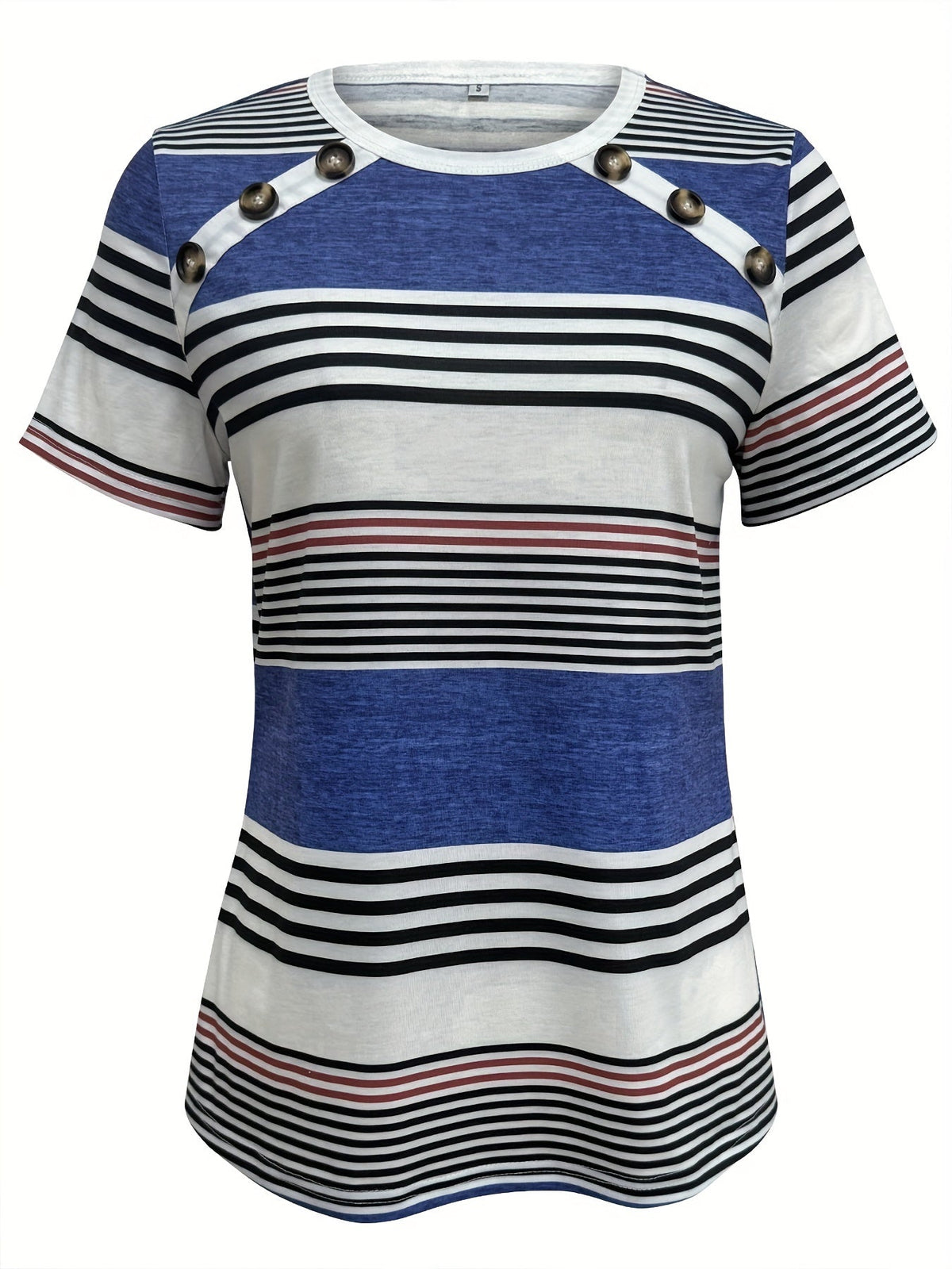 Button Front Vibrant Striped Short Sleeve Crew Neck T-Shirt