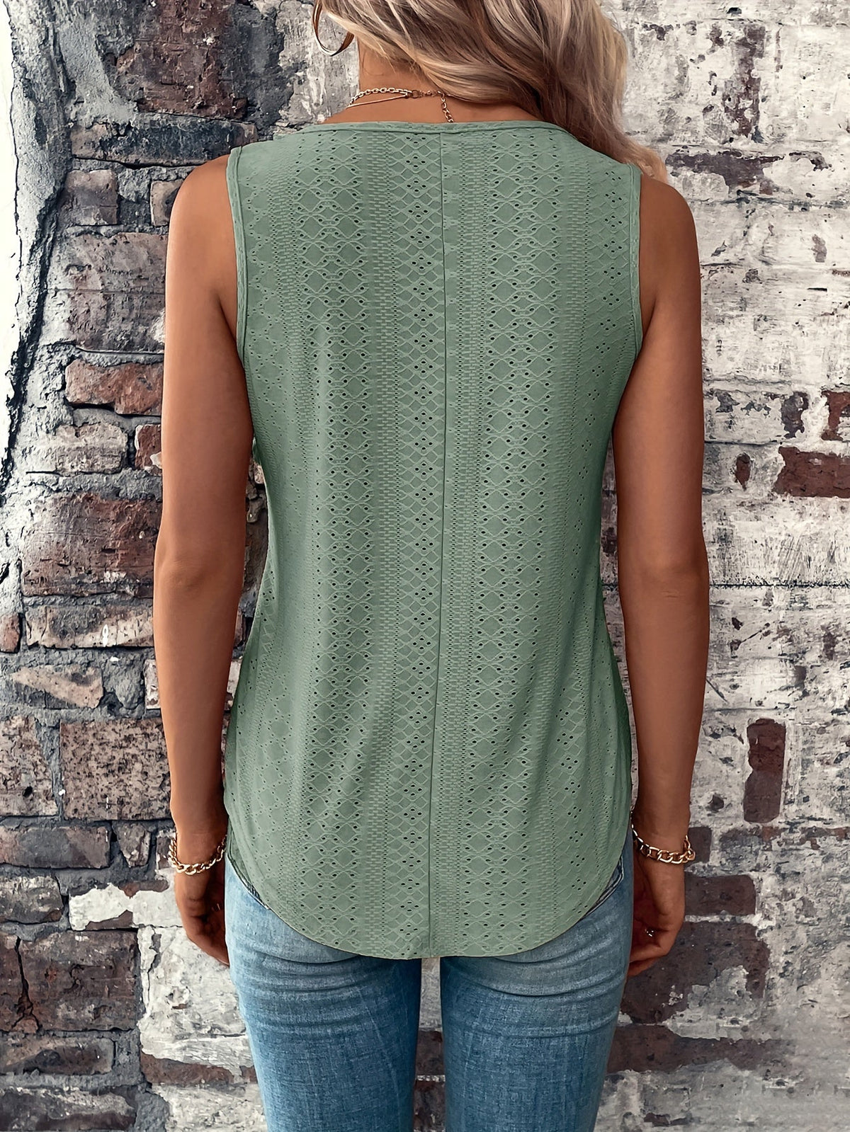 Eyelet Solid Tank Top, Casual V Neck Summer Sleeveless Top