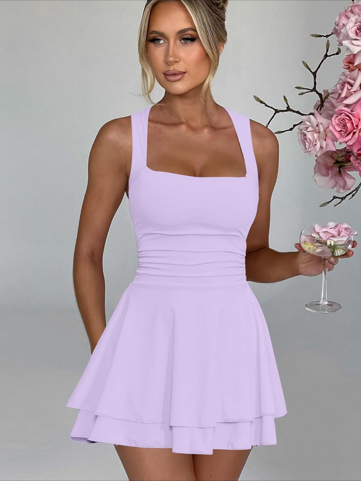 Solid Color Square Neck Ruffle Hem Ruched Waist Mini Dress