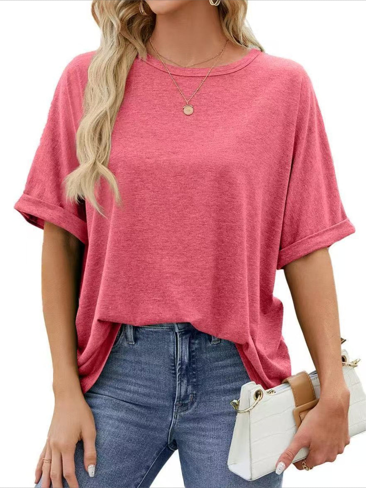 Casual Short Sleeve Crewneck Solid Color Loose T-Shirt