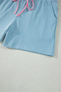 Mist Blue Soft Ribbed Color Block Trim Casual Short Set