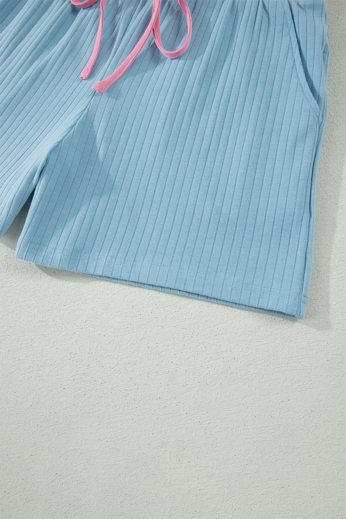 Mist Blue Soft Ribbed Color Block Trim Casual Short Set