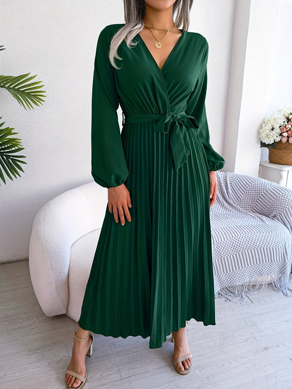 Pleated Surplice Neck Dress, Elegant Long Sleeve Solid Dress, Women's Clothing