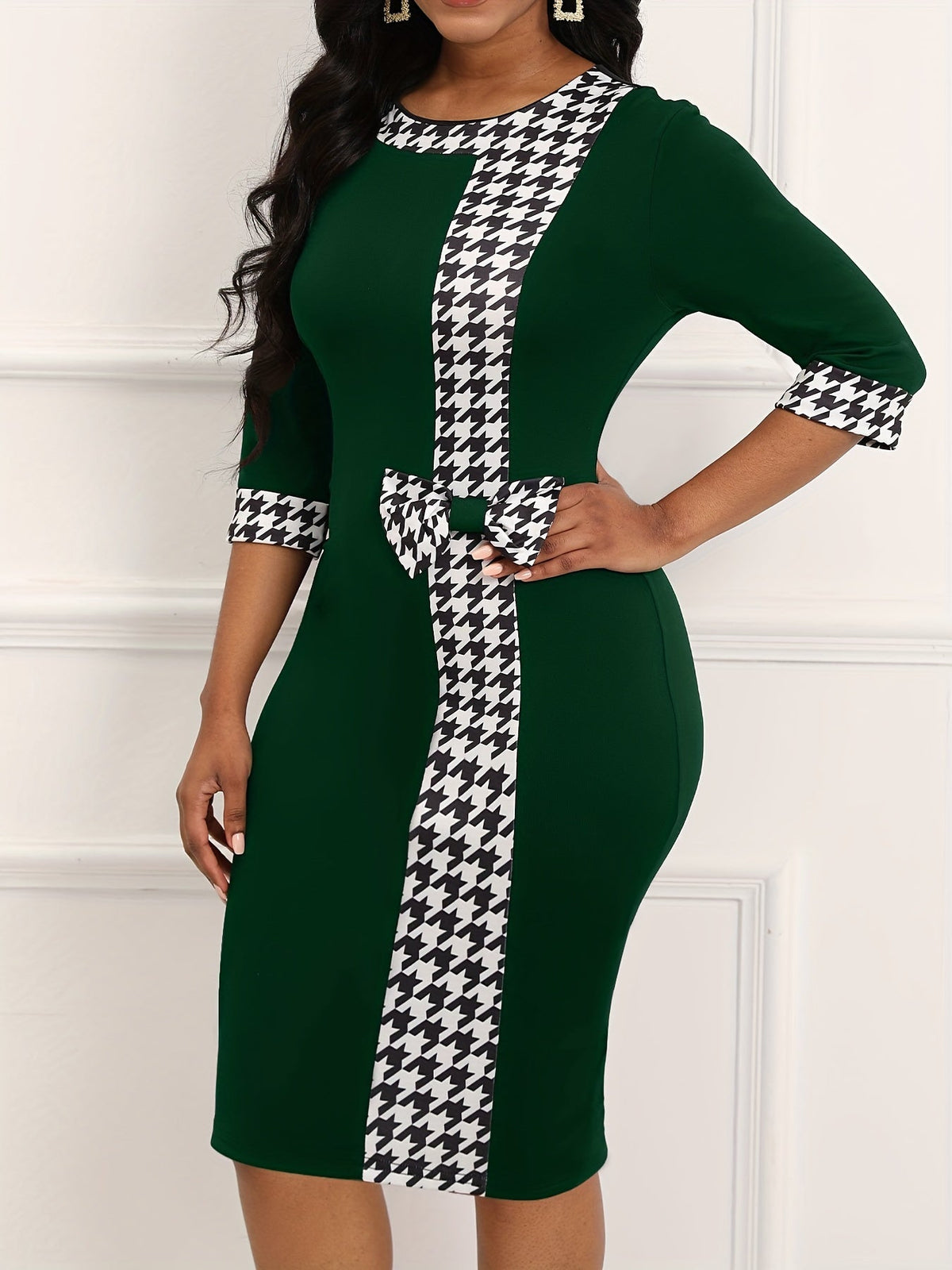 Houndstooth Bodycon Dress, Elegant Crew Neck Long Sleeve Dress