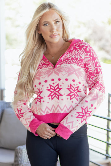 Rose Red Christmas Snowflake Quarter Zip Collard Sweater