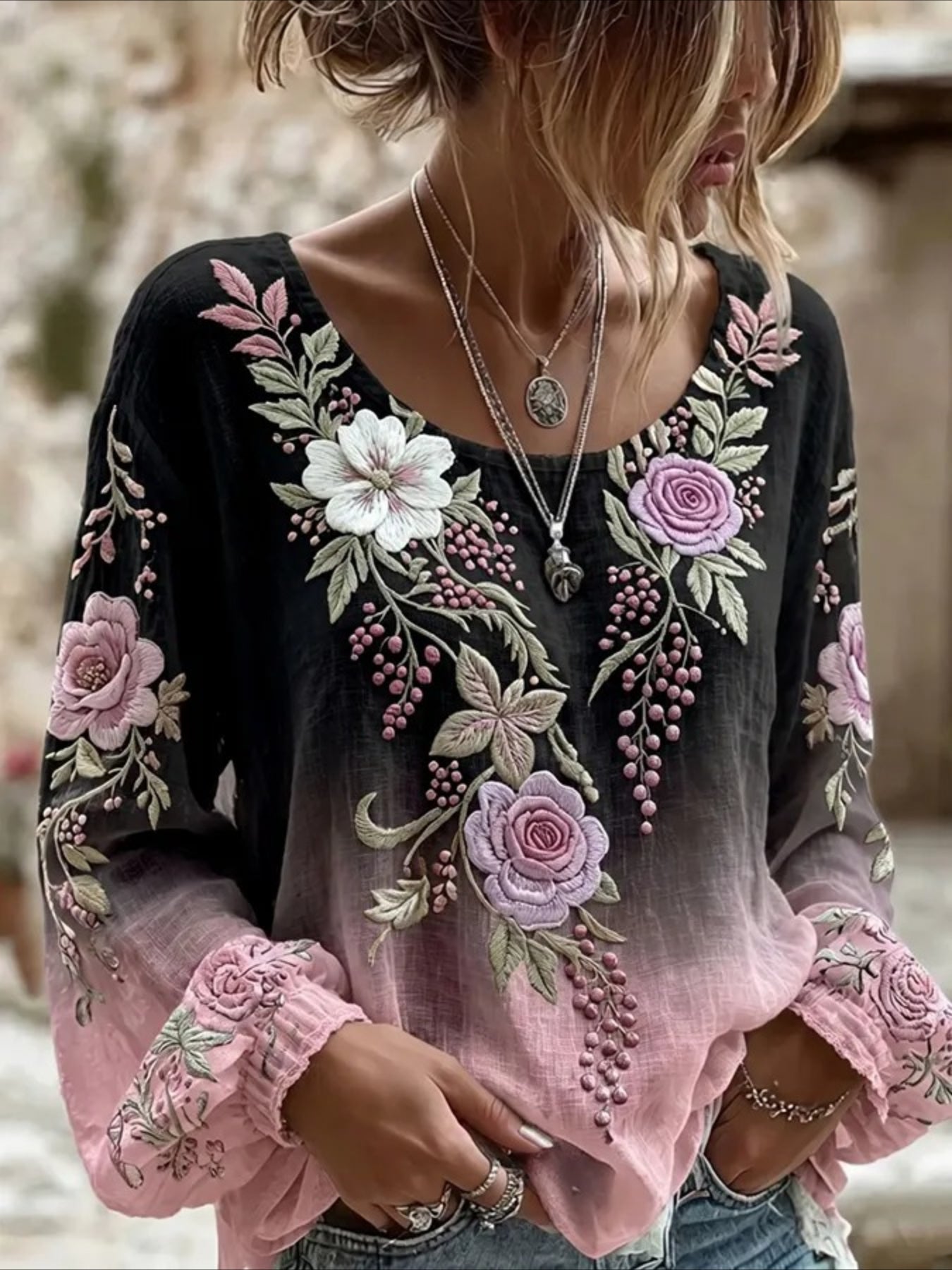 Floral Crew Neck Long Sleeve Blouse