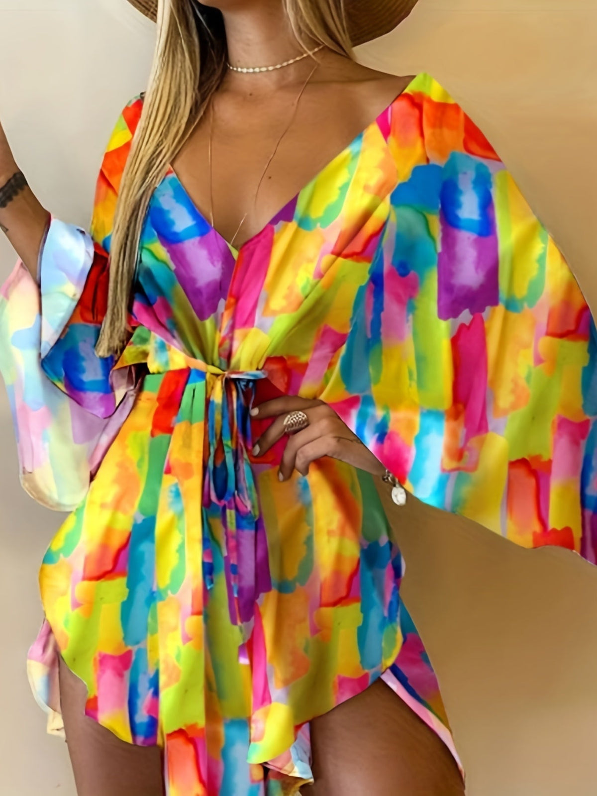Full Printed V Neck Dress, Casual Tie Waist Batwing Sleeve Dress