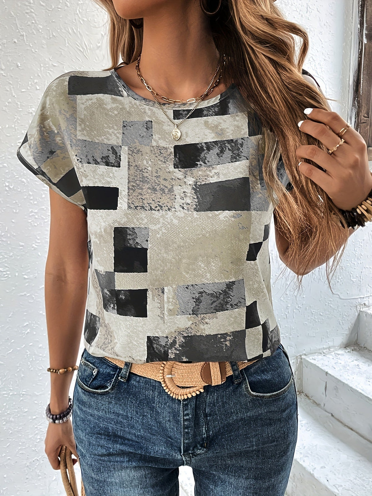Graphic Print Crew Neck T-shirt, Short Sleeve Aztec Print Tops