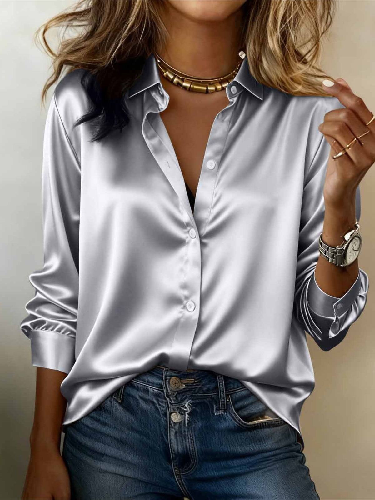 Plain Stand Collar Long Sleeve Shirt Split Joint Casual Daily Spring/Fall Top