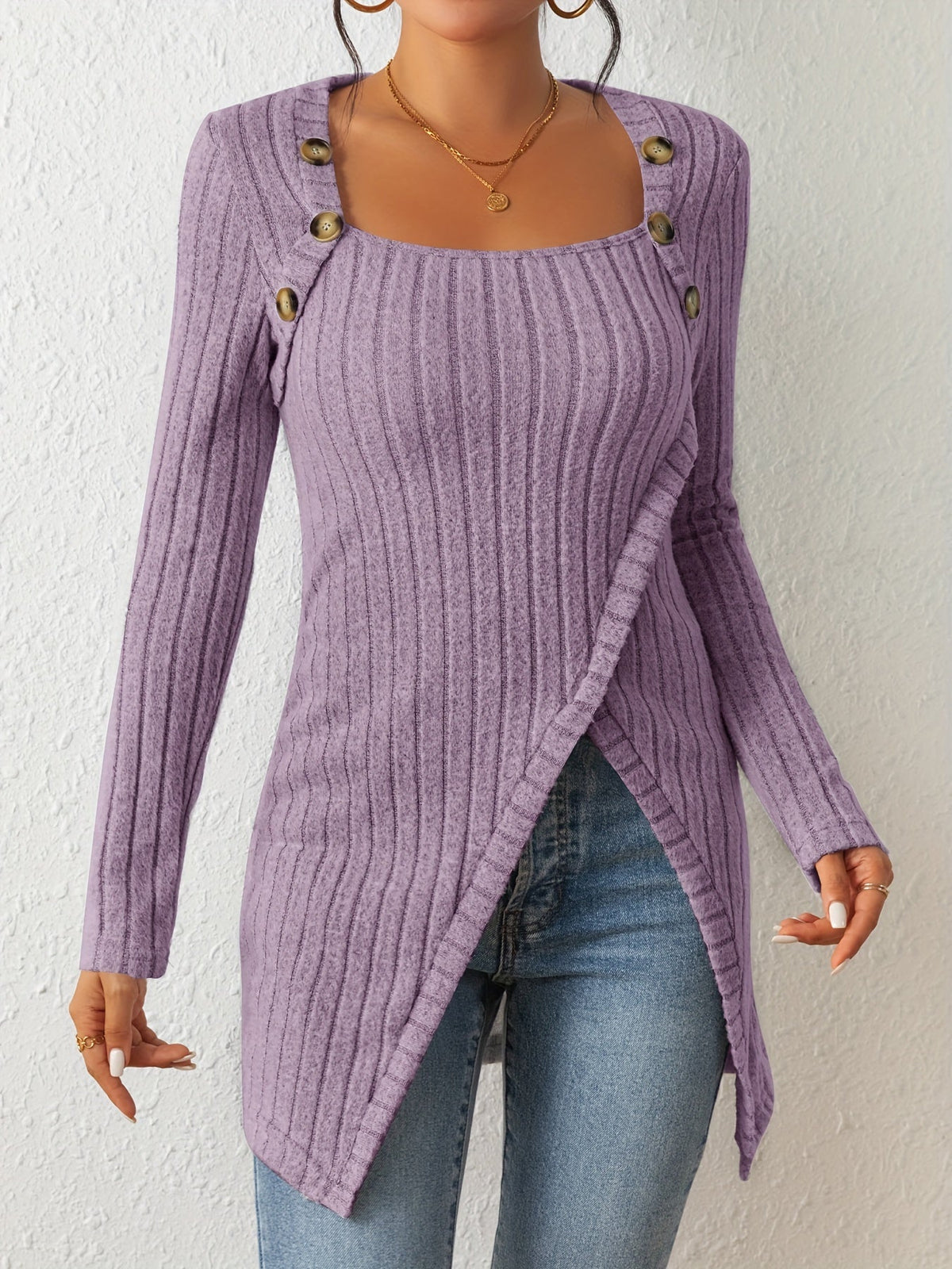 Button Decor Asymmetrical Hem T-Shirt, Casual Ribbed Long Sleeve Top