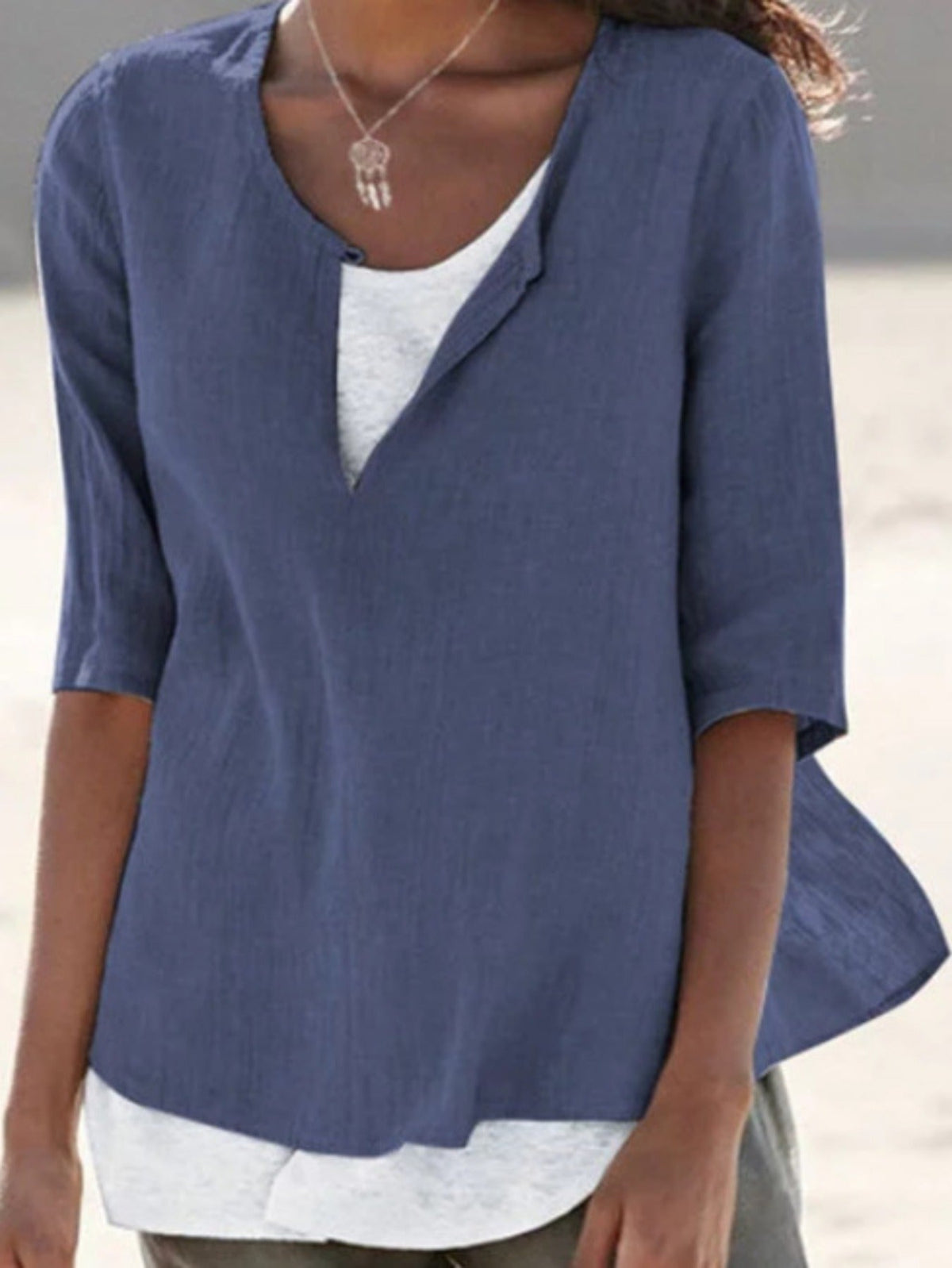 Solid Color Crew Neck Front Slit Stylish Pullover Top