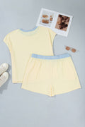 Yellow Cream Plus Size Ribbed Color Block Trim Drawstring Shorts 2pcs Set