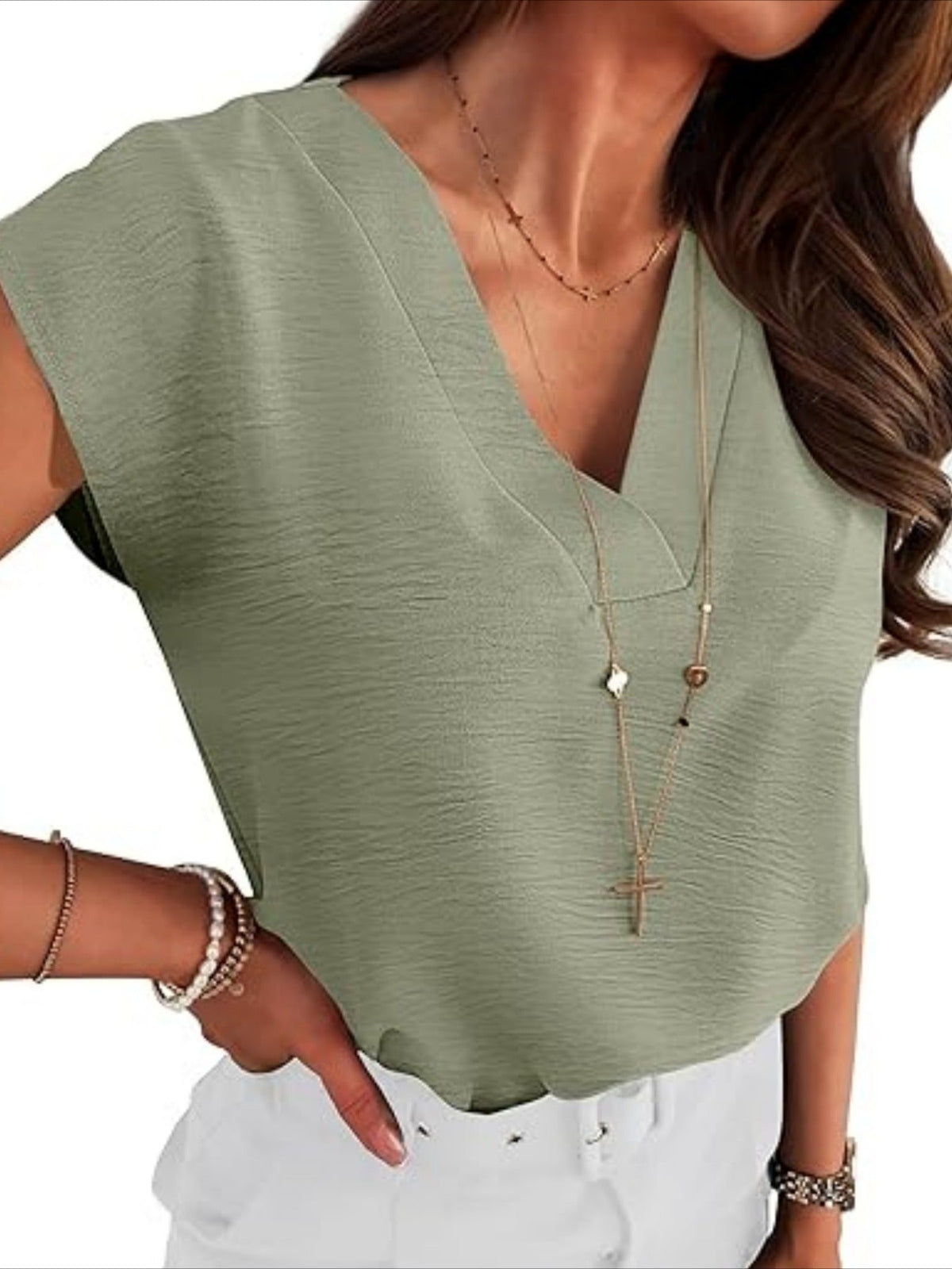 Plain V-Neck Batwing Short Sleeve Casual Loose Blouse