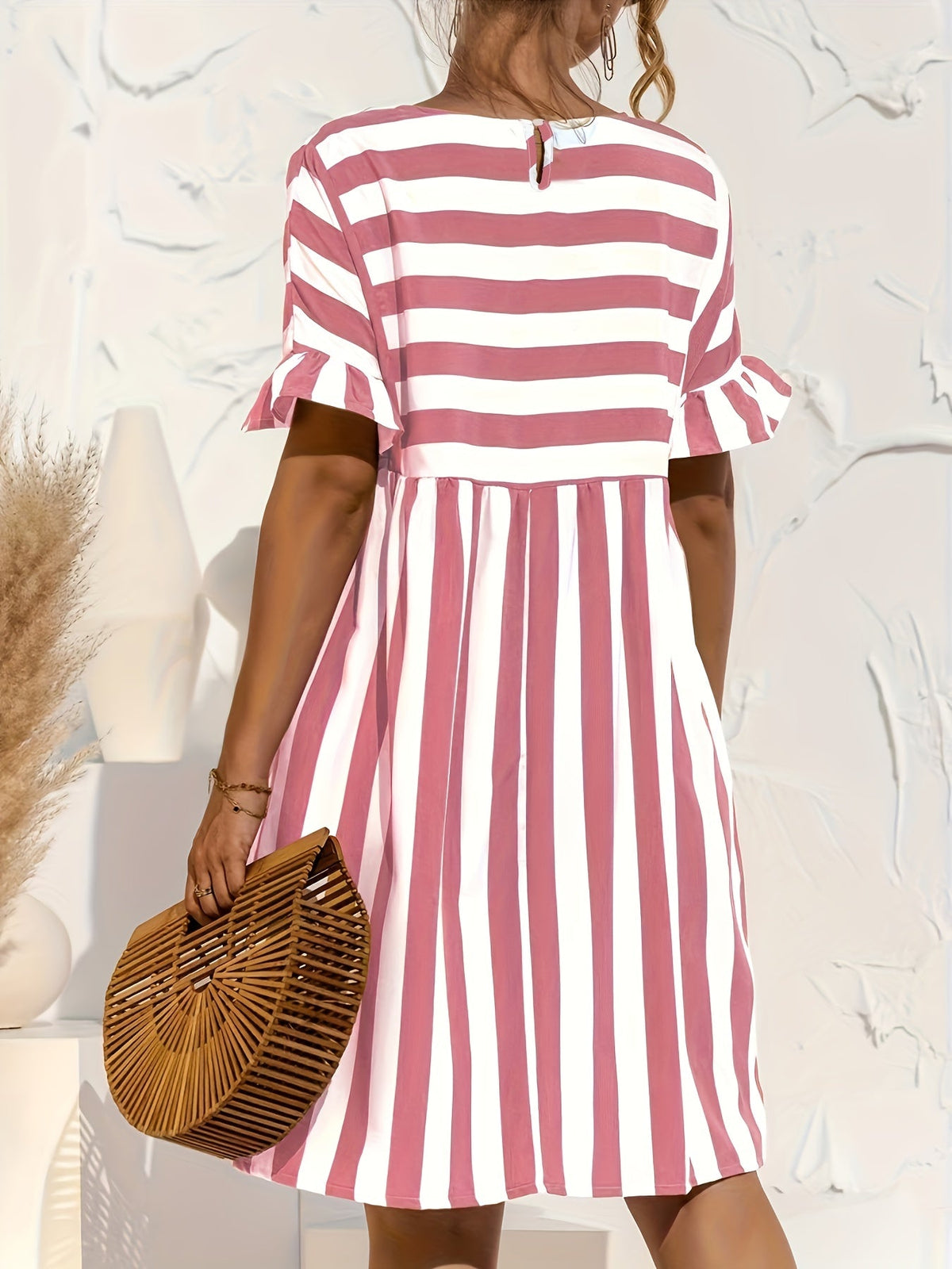 Short Sleeve Beach Dress, Crew Neck Vacation Casual Dress