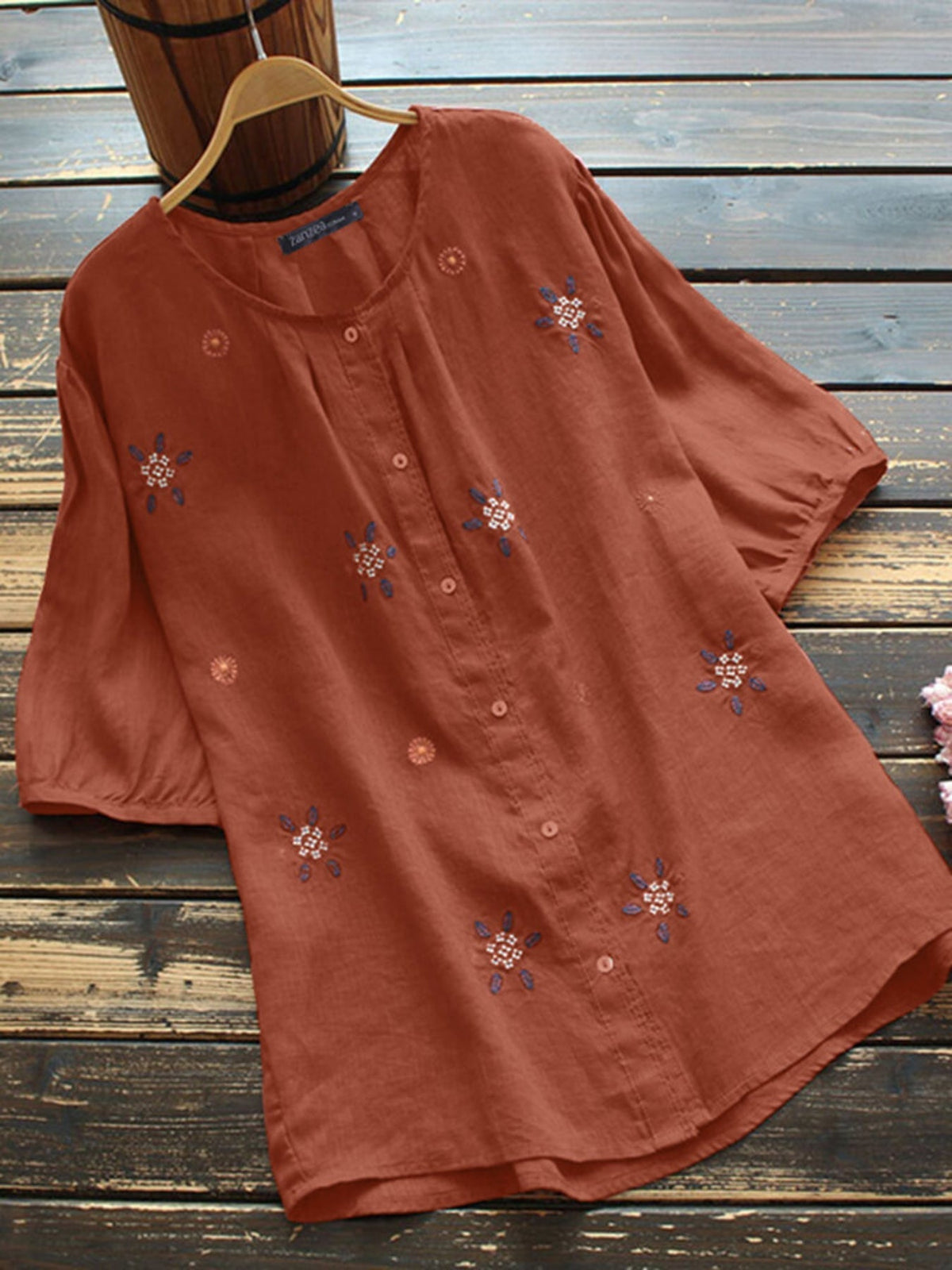 Floral Embroidered Button Front Blouse, Casual Short Sleeve Blouse