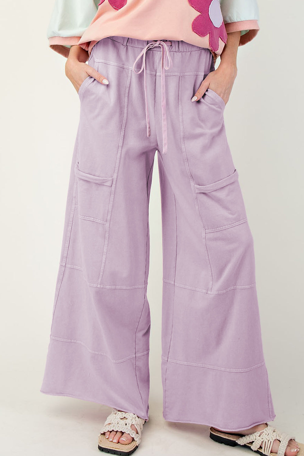 Pink Mineral Wash Exposed Seam Drawstring High Waist Wide Leg Cargo Pants
