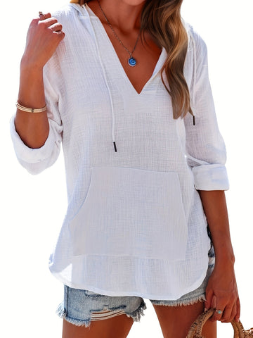 Long Sleeve V Neck Pocketed Hooded Sweatshirt