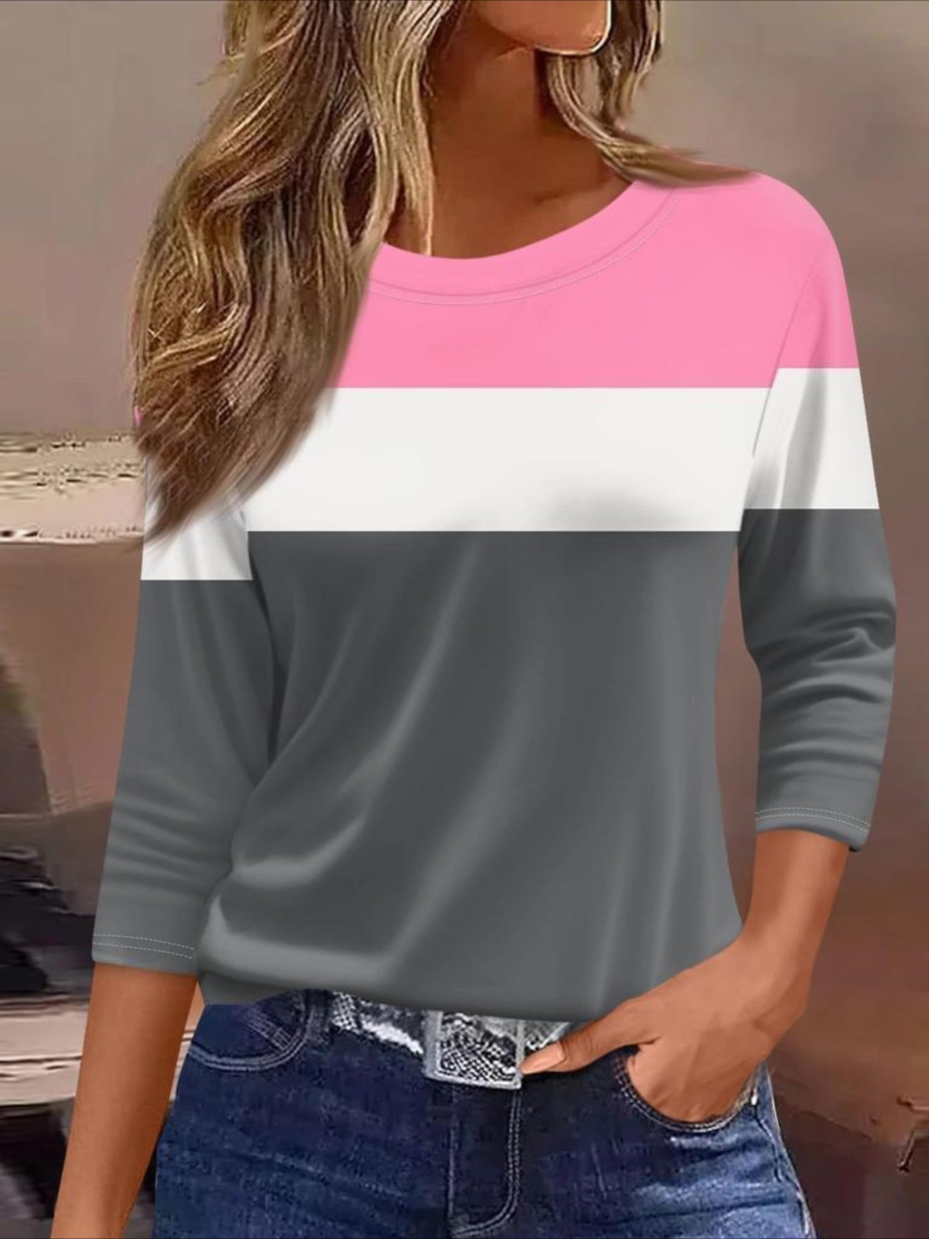 Regular Fit Printed Three-Quarter Sleeve Round Neck T-Shirt