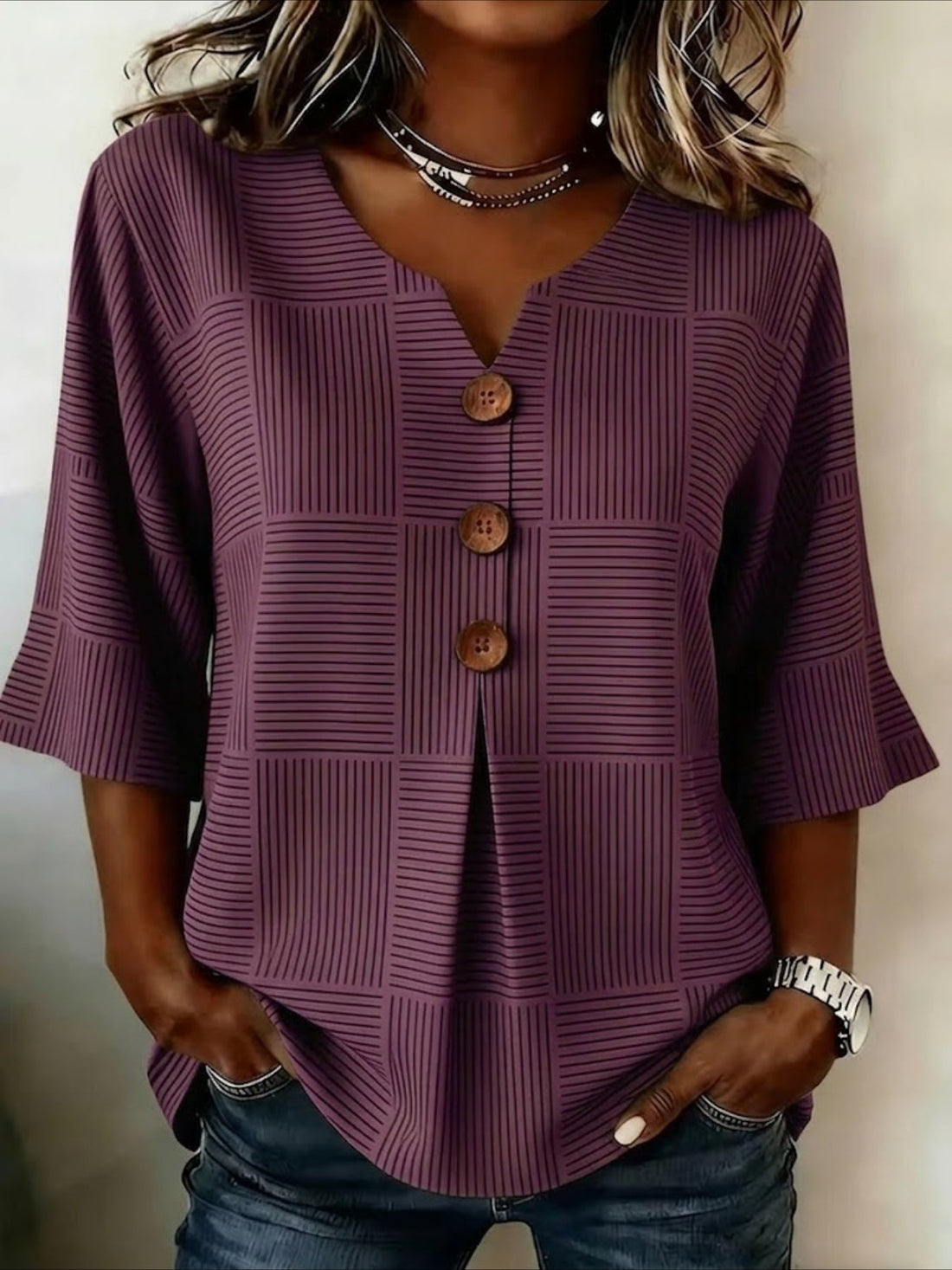Striped V Neck Button Short Ruffle Sleeve Casual Top