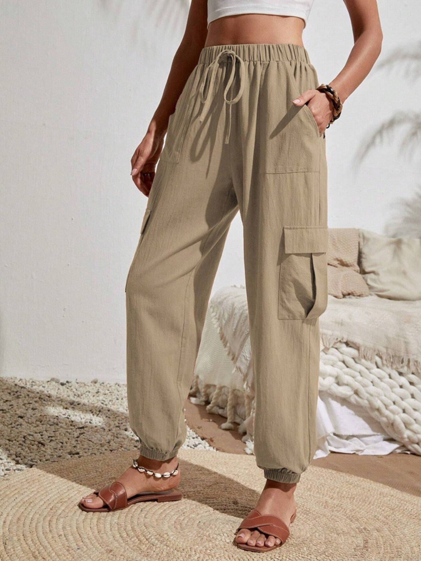 Solid Drawstring Pants, Casual Slant Pockets Cargo Pants