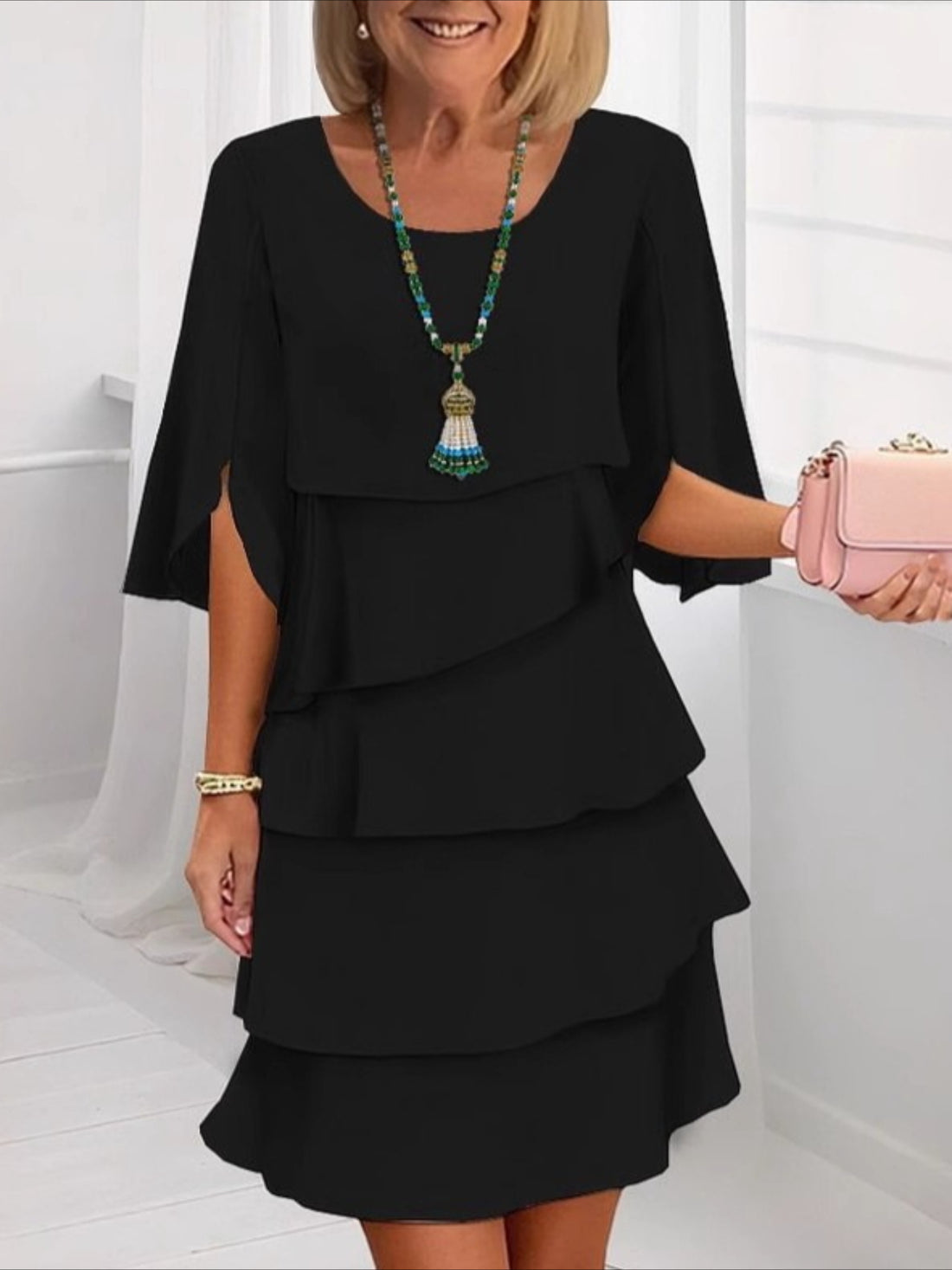 Solid Color Half Sleeve Crew Neck Mini Dress