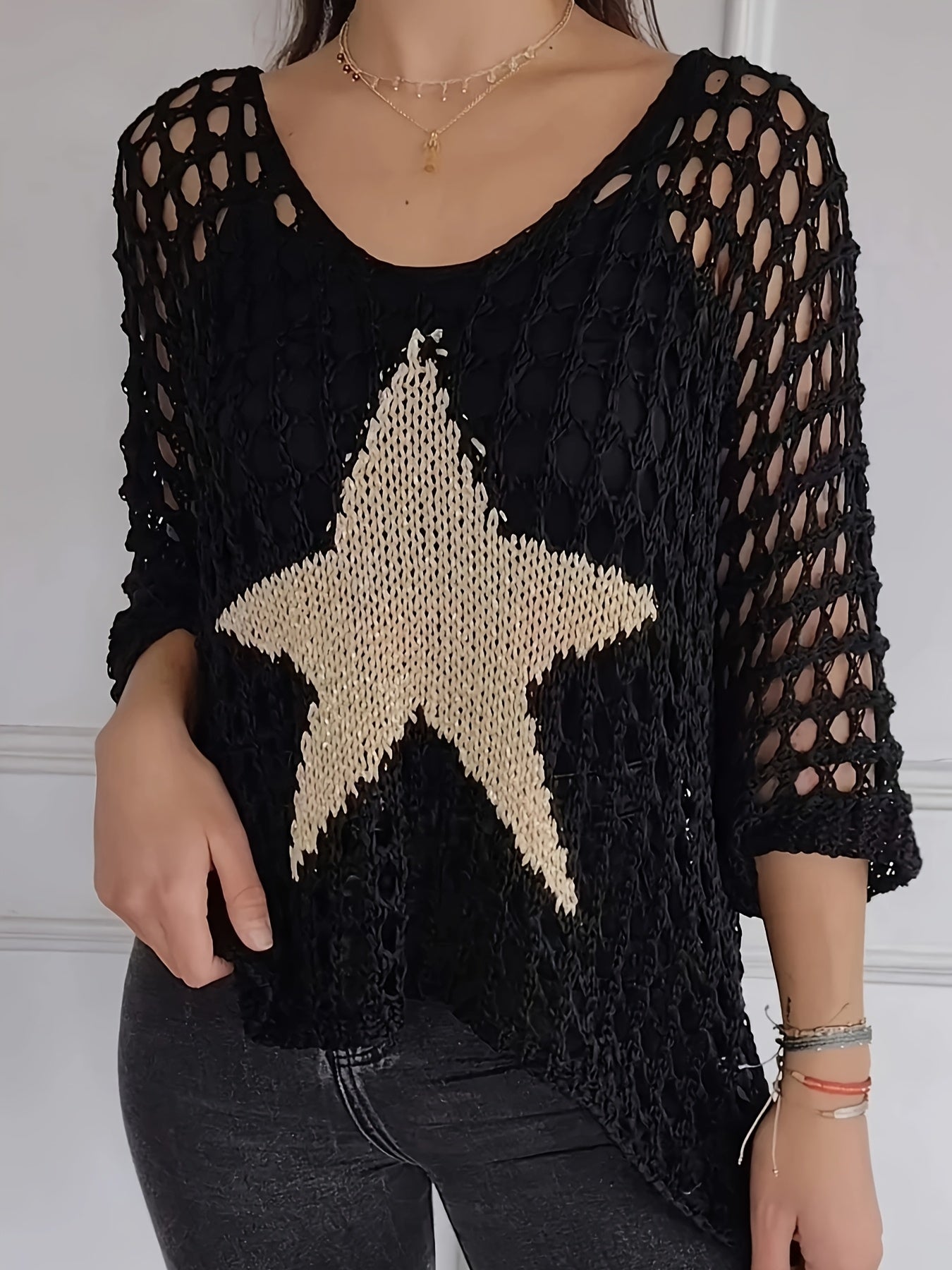Loose Hollow Knit Star Cardigan Round Neck Sun Protection Shirt