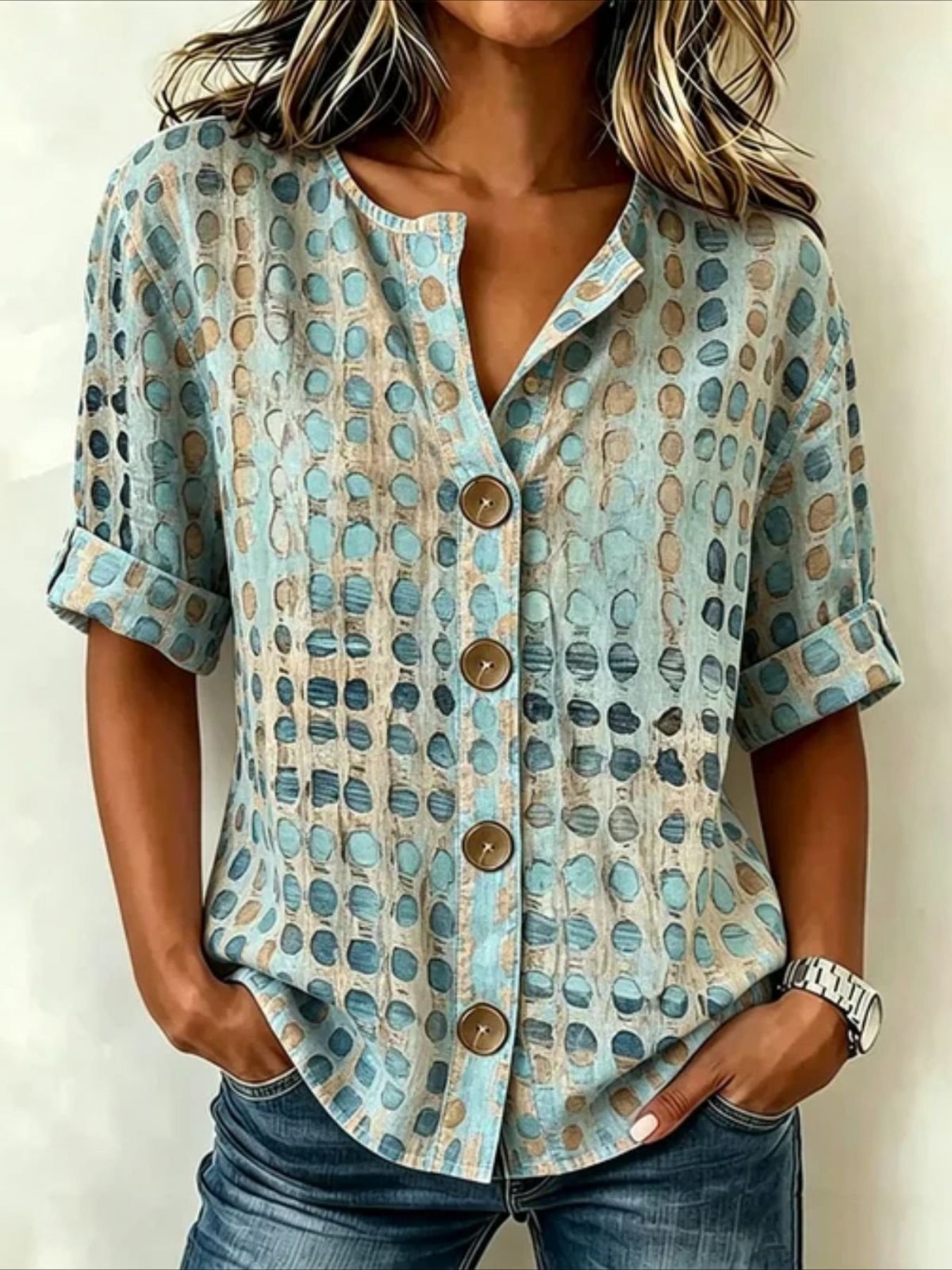Floral Loose Stand Collar Simple Linen Blend Long Sleeve Shirt