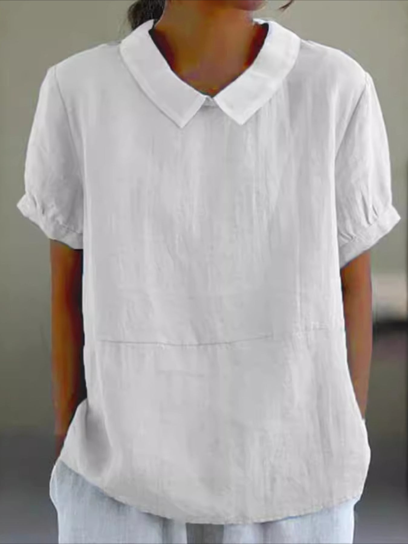 Solid Color Loose Lapel Short Sleeve Cotton Top